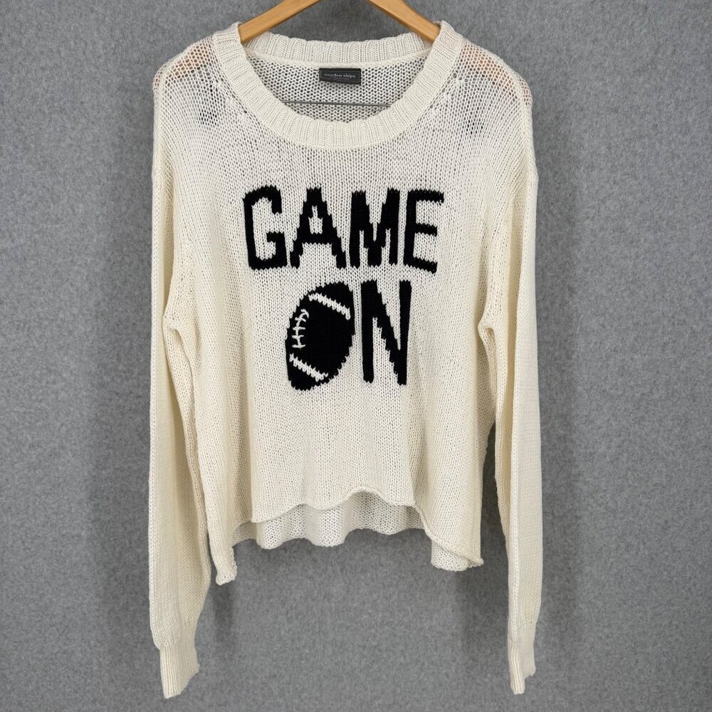 Wooden Ships Game On Football Open Knit Sweater Size M/L White Blue Oversized